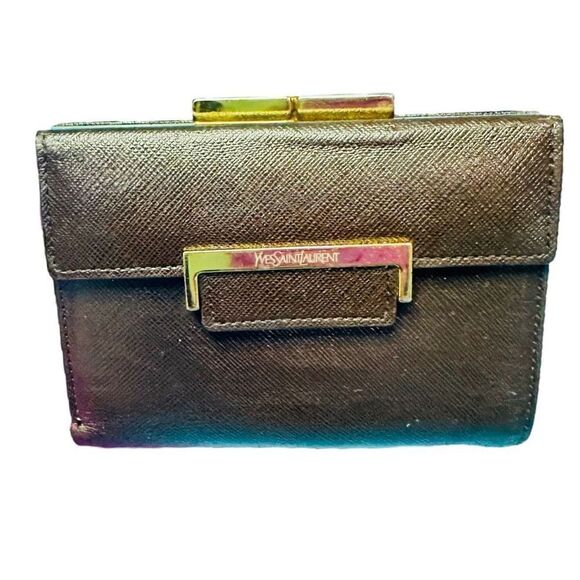 YSL YVES SAINT LAURENT Dark Brown Goldtone Saffiano Leather Kisslock Wallet Bag - Picture 1 of 13